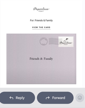The scam email as it appears on a phone: a Paperless Post logo, the line "For: Friends & Family", a "View the card" button, and a lavender envelope with a postmark and a Paperless Post stamp, reading "Friends & Family". Reply and Forward buttons sit below it.